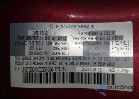 2012 Mazda Cx-9 Touring z USA, uszkodzony, nr VIN JM3TB3CAXC0361034